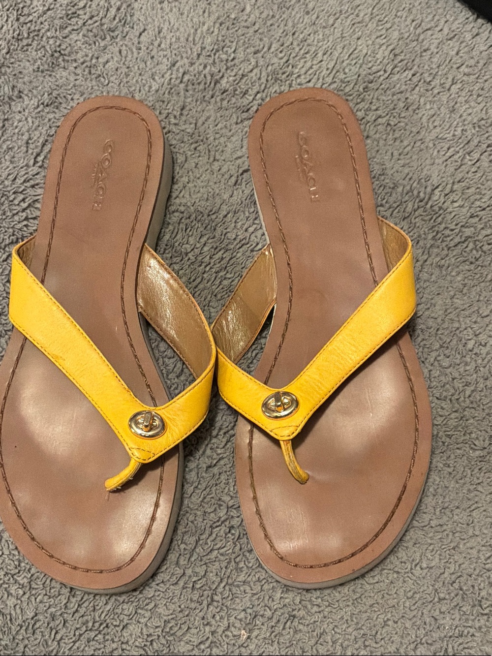 Coach Yellow Leather Thong Sandals with Gold Logo Accent
